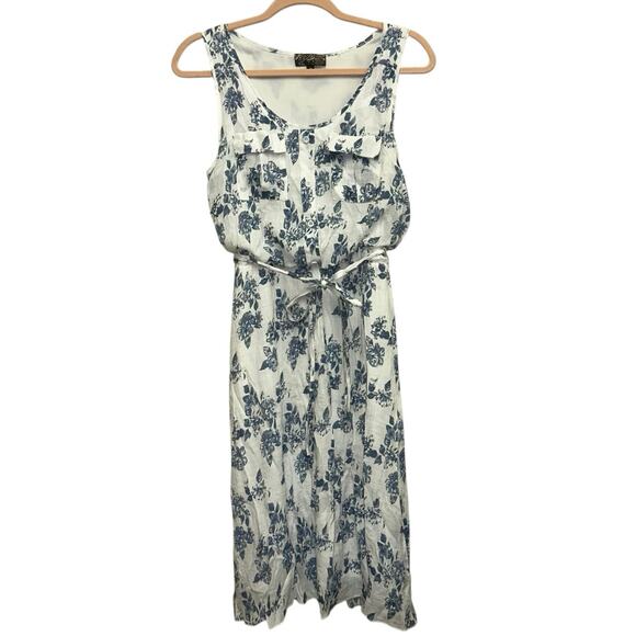 J Glee White Blue Floral Midi Sundress Sleeveless Button Front Belted Size M - Picture 1 of 7